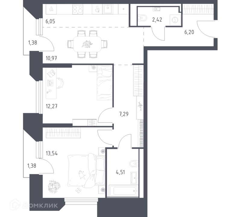 2-комнатные апартаменты 66.01 м² Скай Спутник