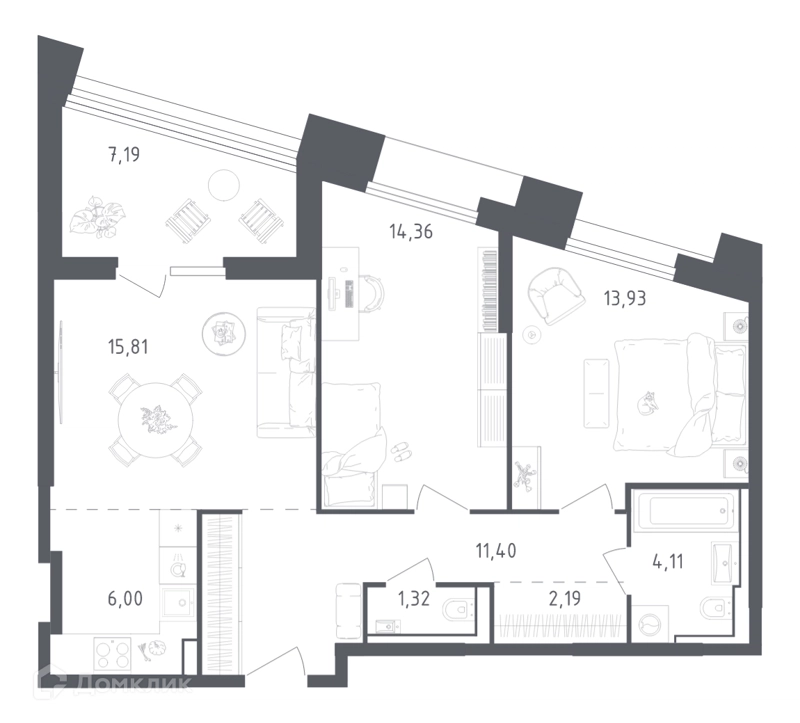 2-комнатные апартаменты 76.9 м² Скай Спутник
