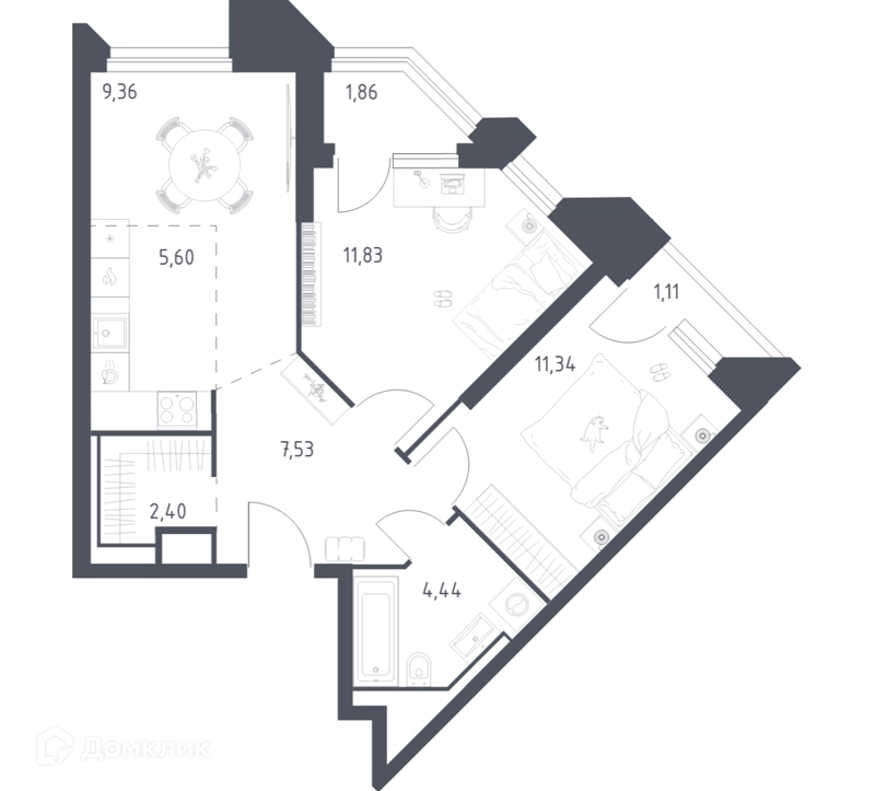 2-комнатные апартаменты 55.7 м² Скай Спутник