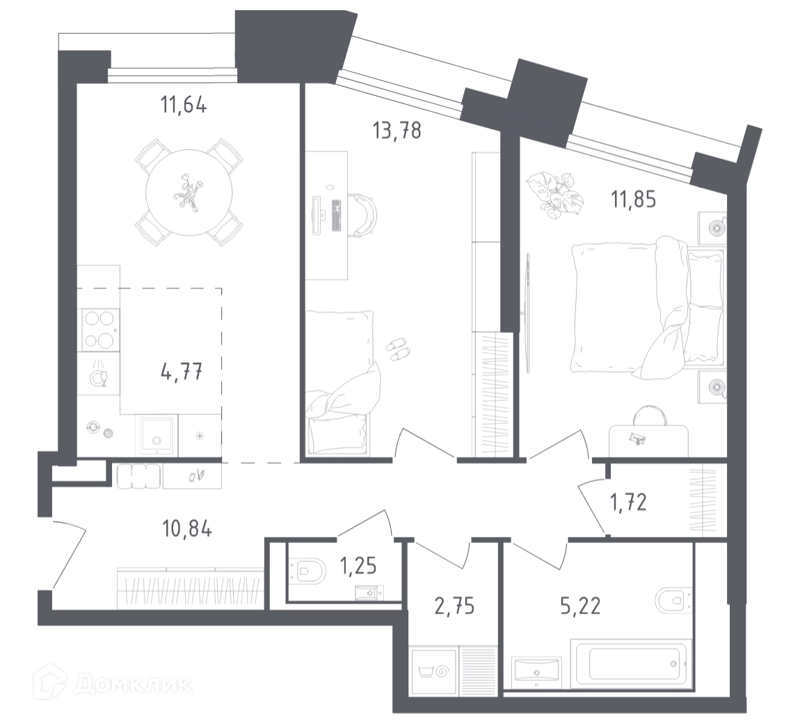 2-комнатные апартаменты 63.82 м² Скай Спутник