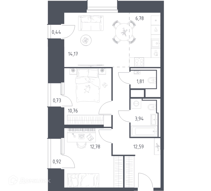 2-комнатные апартаменты 64.92 м² Скай Спутник