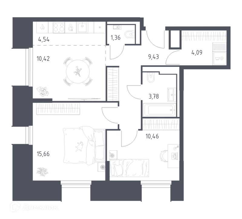 2-комнатные апартаменты 59.74 м² Скай Спутник