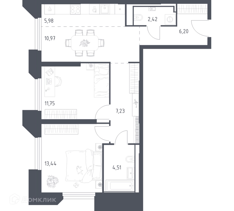 2-комнатные апартаменты 62.5 м² Скай Спутник