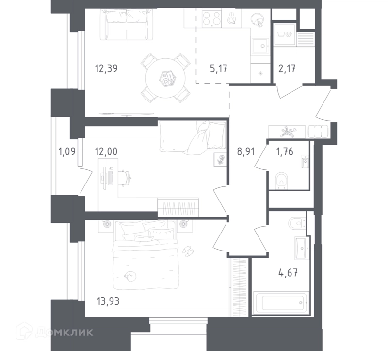 2-комнатные апартаменты 62.09 м² Скай Спутник