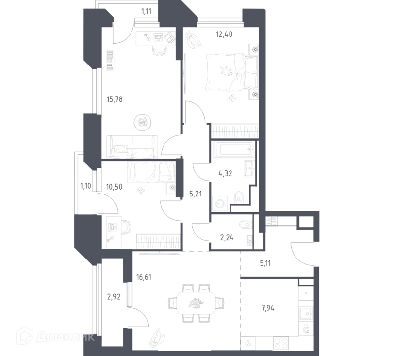 3-комнатные апартаменты 85.24 м² Скай Спутник