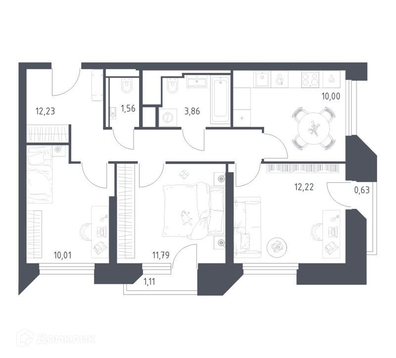 3-комнатные апартаменты 63.41 м² Скай Спутник