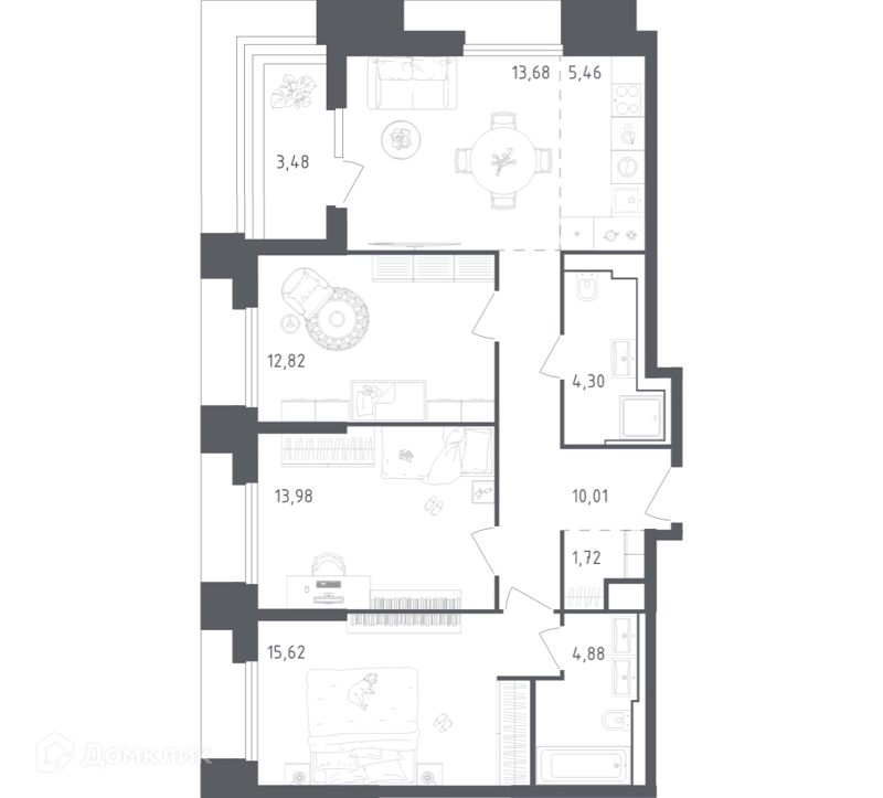 3-комнатные апартаменты 85.95 м² Скай Спутник