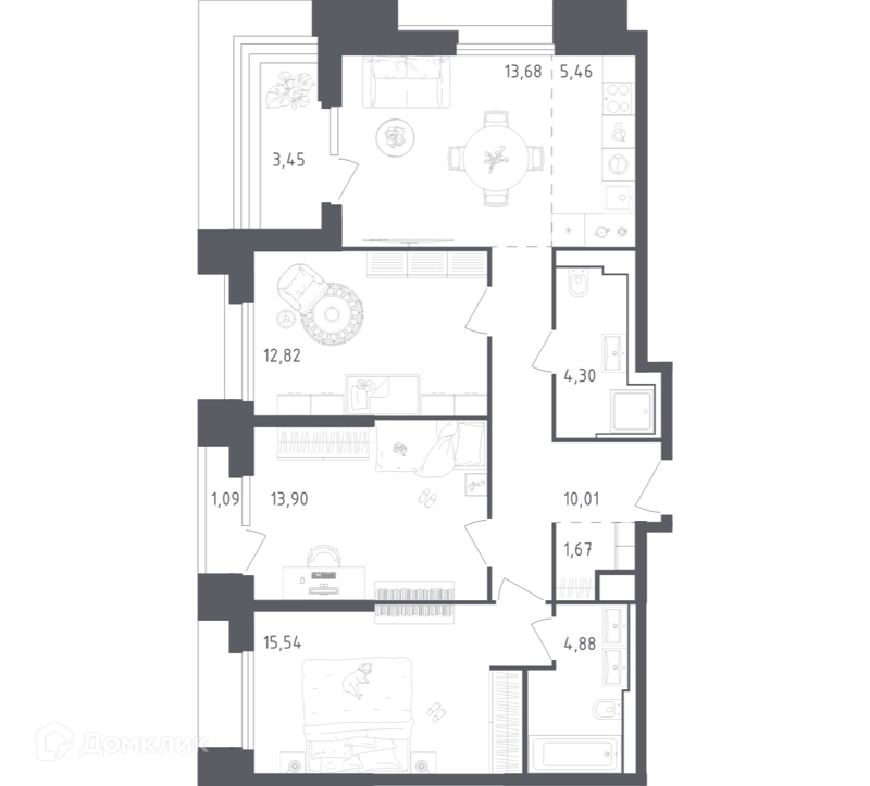 3-комнатные апартаменты 86.8 м² Скай Спутник