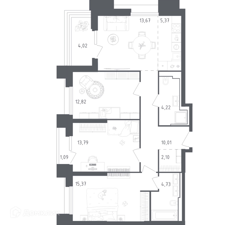 3-комнатные апартаменты 87.19 м² Скай Спутник