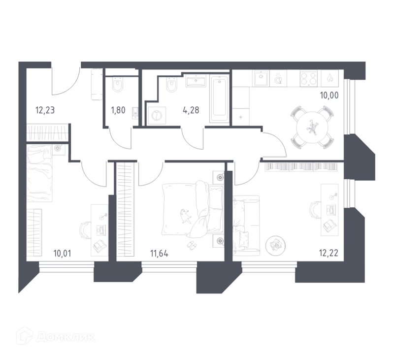 3-комнатные апартаменты 62.18 м² Скай Спутник