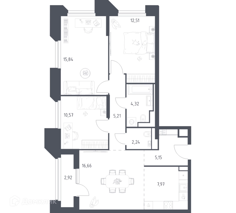 3-комнатные апартаменты 83.39 м² Скай Спутник