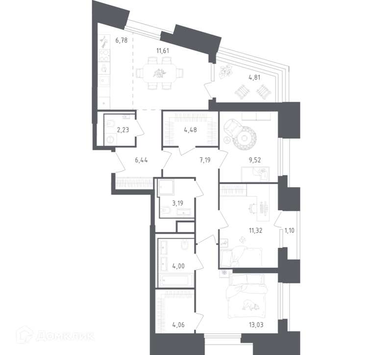 3-комнатные апартаменты 89.76 м² Скай Спутник