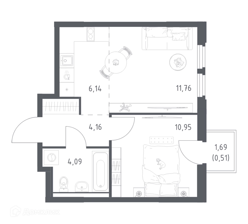 1-комнатная квартира 37.61 м² Космический Квартал