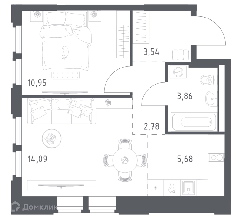 1-комнатная квартира 40.9 м² Космический Квартал