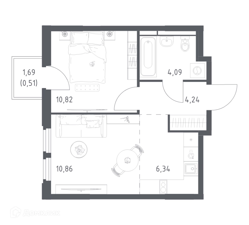 1-комнатная квартира 36.86 м² Космический Квартал
