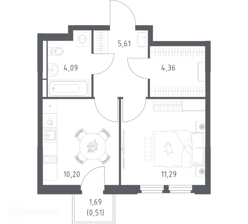 1-комнатная квартира 36.06 м² Космический Квартал