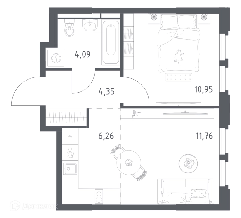 1-комнатная квартира 37.41 м² Космический Квартал