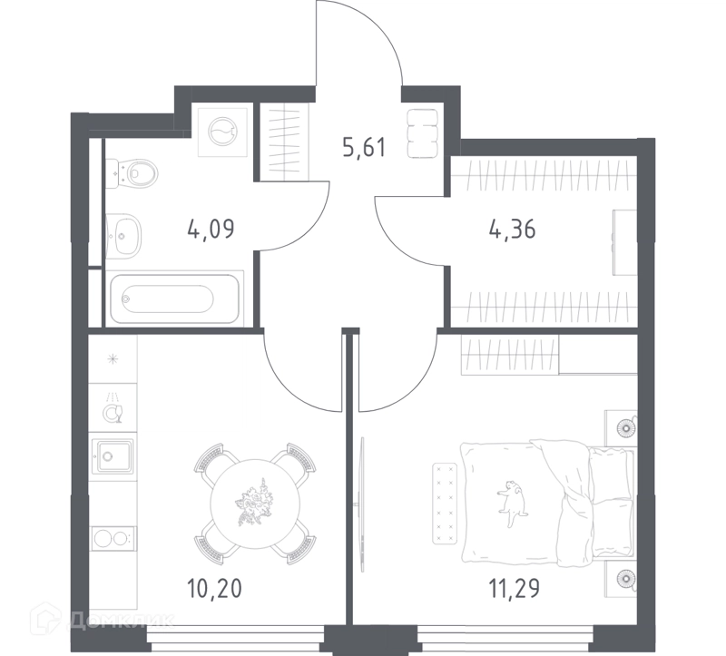 1-комнатная квартира 35.55 м² Космический Квартал