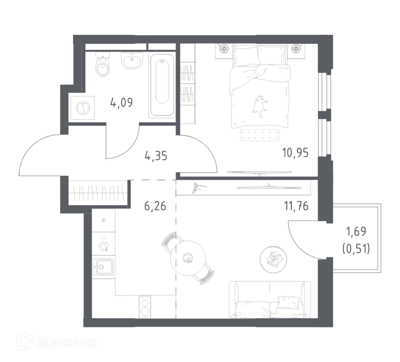 1-комнатная квартира 37.92 м² Космический Квартал