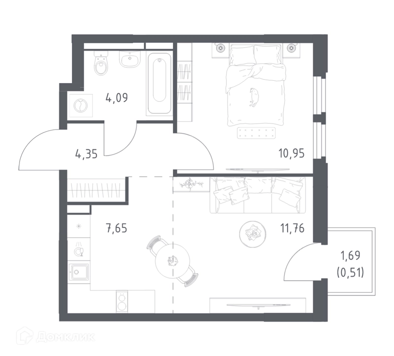 1-комнатная квартира 39.31 м² Космический Квартал