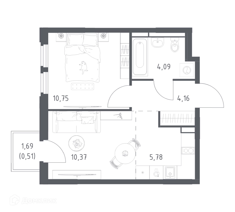 1-комнатная квартира 35.66 м² Космический Квартал