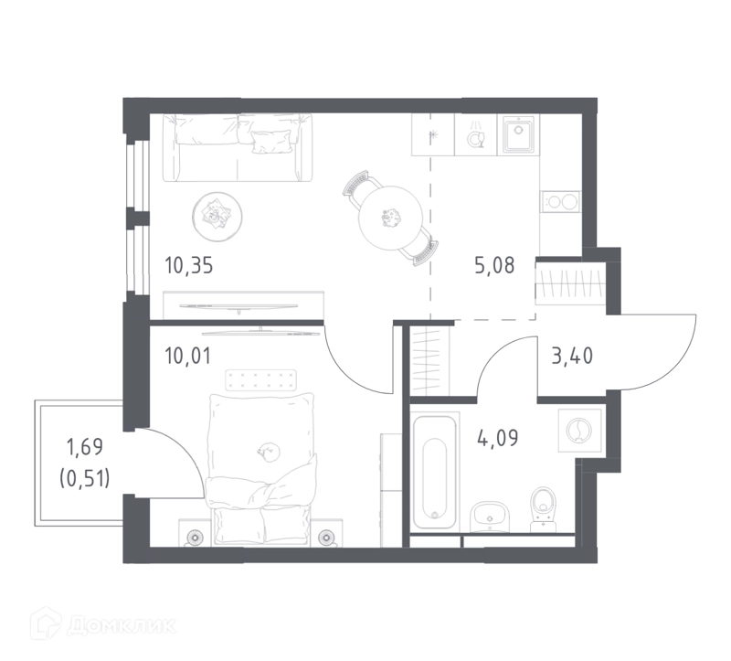 1-комнатная квартира 33.44 м² Космический Квартал