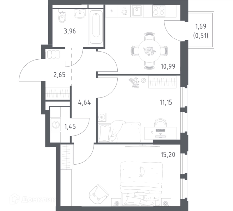 2-комнатная квартира 50.55 м² Космический Квартал