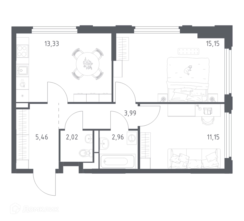 2-комнатная квартира 54.06 м² Космический Квартал
