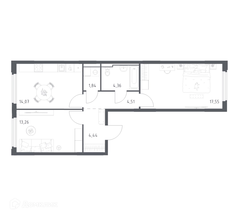 2-комнатная квартира 60.03 м² Космический Квартал
