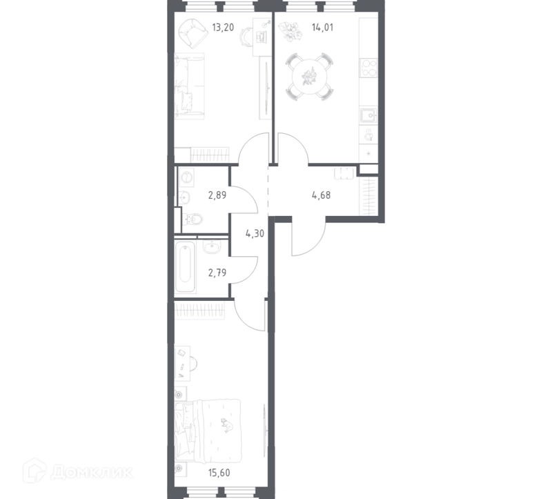 2-комнатная квартира 57.47 м² Космический Квартал