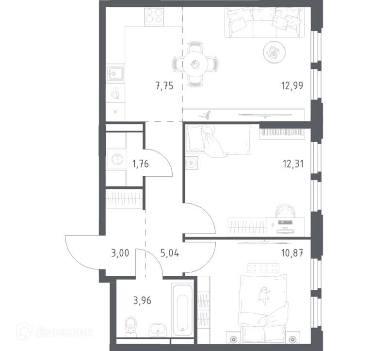 2-комнатная квартира 57.68 м² Космический Квартал