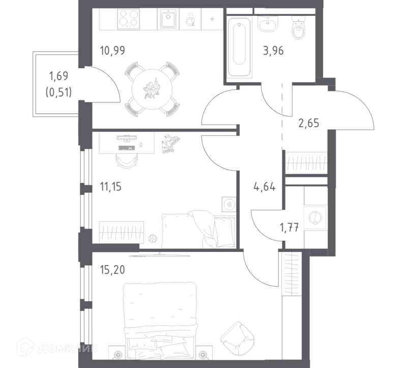 2-комнатная квартира 50.87 м² Космический Квартал