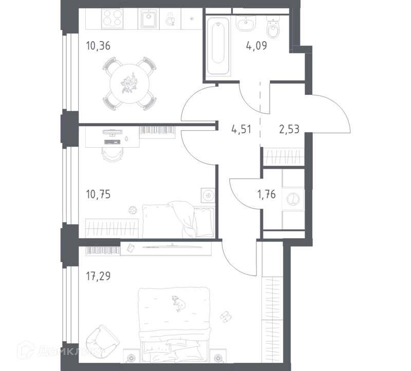 2-комнатная квартира 51.29 м² Космический Квартал