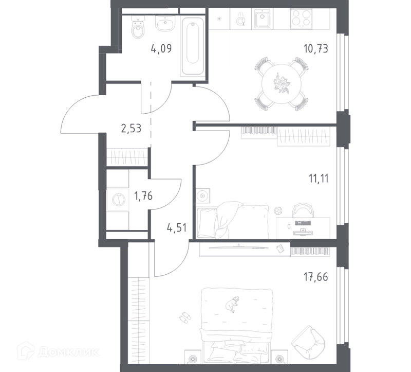 2-комнатная квартира 52.39 м² Космический Квартал