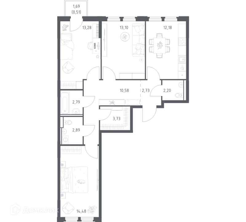 3-комнатная квартира 78.47 м² Космический Квартал