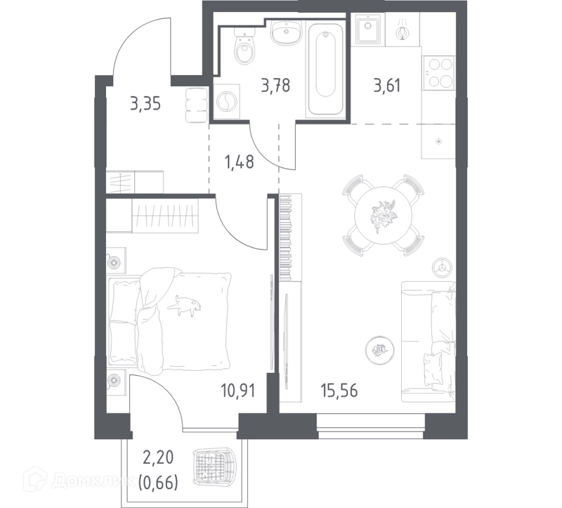 1-комнатная квартира 39.35 м² Богдановский лес