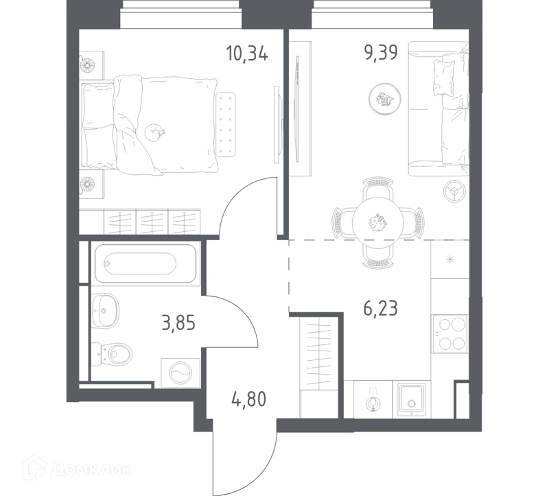 1-комнатная квартира 34.61 м² Богдановский лес