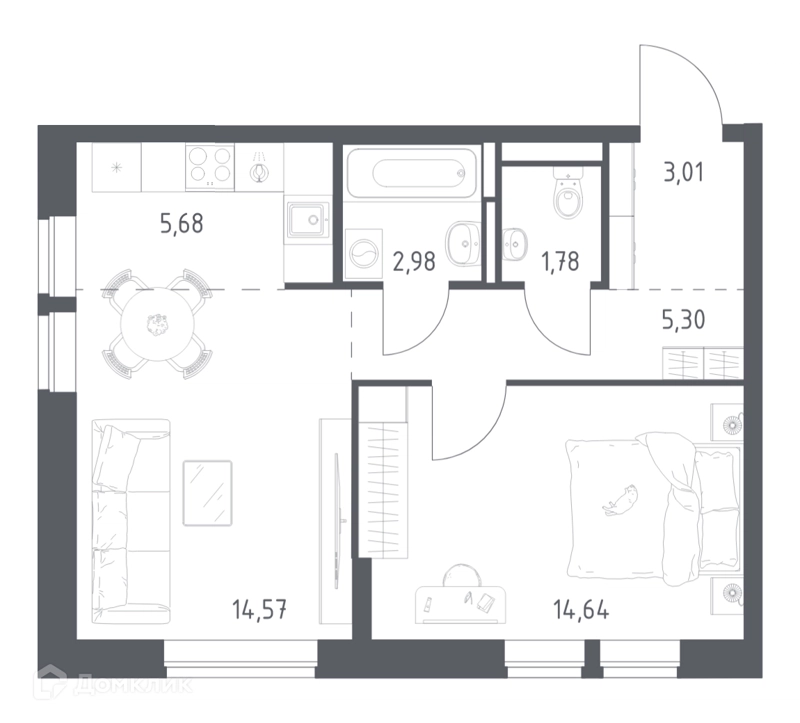 1-комнатная квартира 47.96 м² Богдановский лес