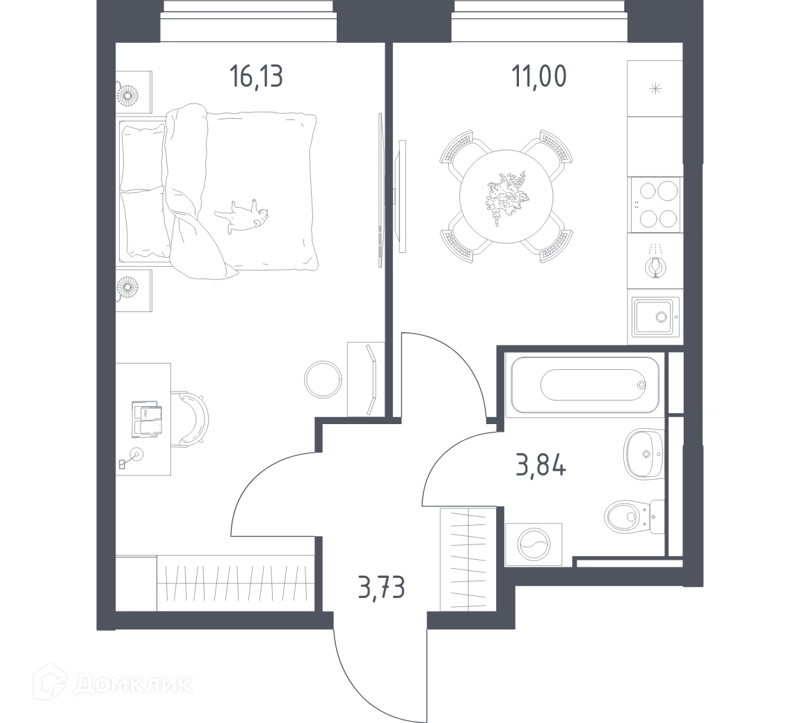 1-комнатная квартира 34.7 м² Богдановский лес
