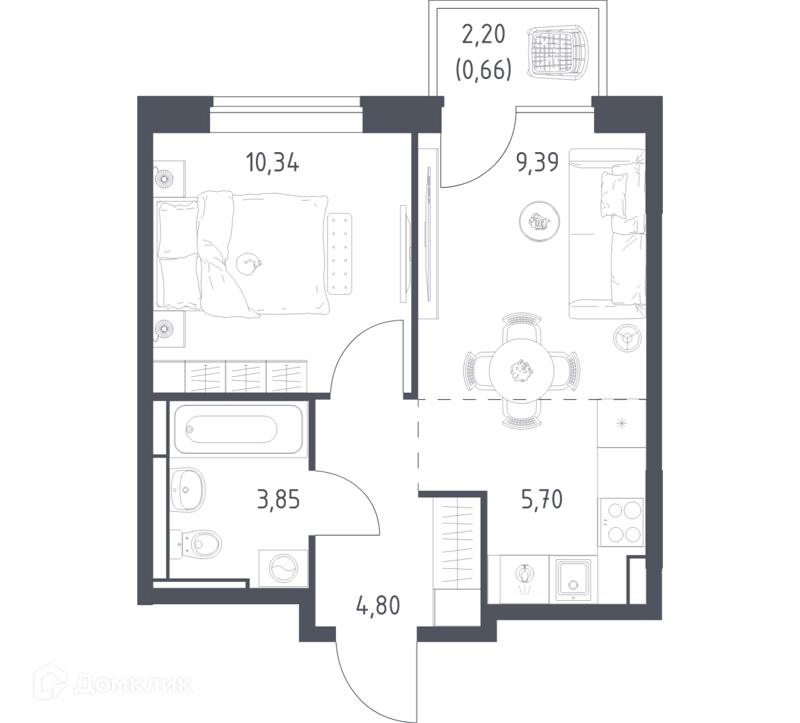 1-комнатная квартира 34.74 м² Богдановский лес