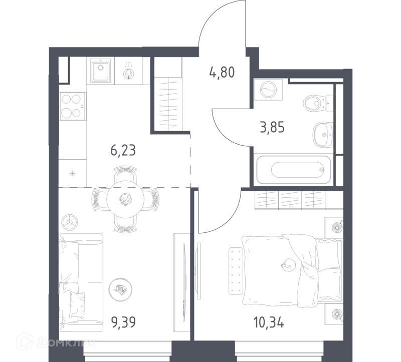 1-комнатная квартира 34.61 м² Богдановский лес