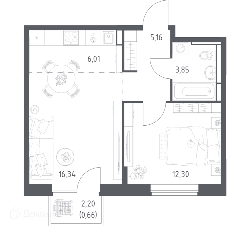 1-комнатная квартира 44.32 м² Богдановский лес