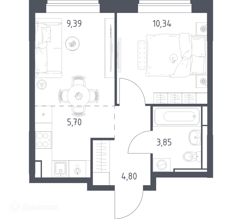 1-комнатная квартира 34.08 м² Богдановский лес