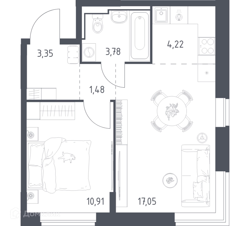 1-комнатная квартира 40.79 м² Богдановский лес