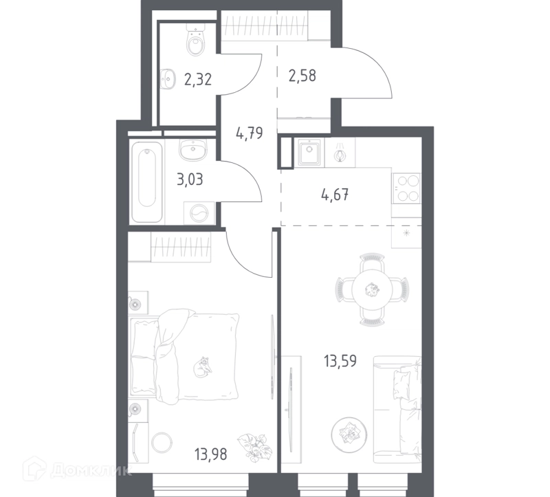 1-комнатная квартира 44.96 м² Богдановский лес