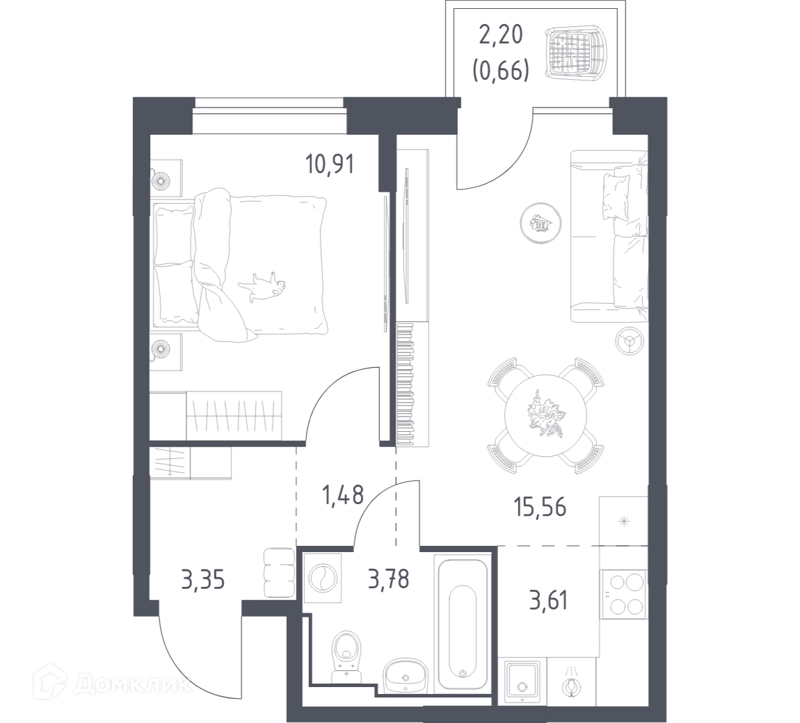 1-комнатная квартира 39.35 м² Богдановский лес