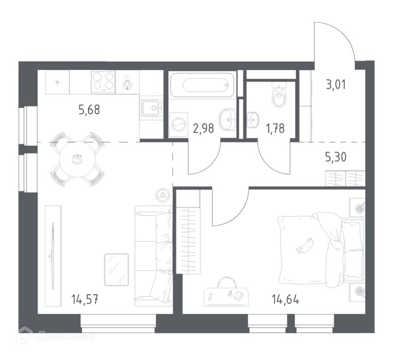 1-комнатная квартира 47.96 м² Богдановский лес