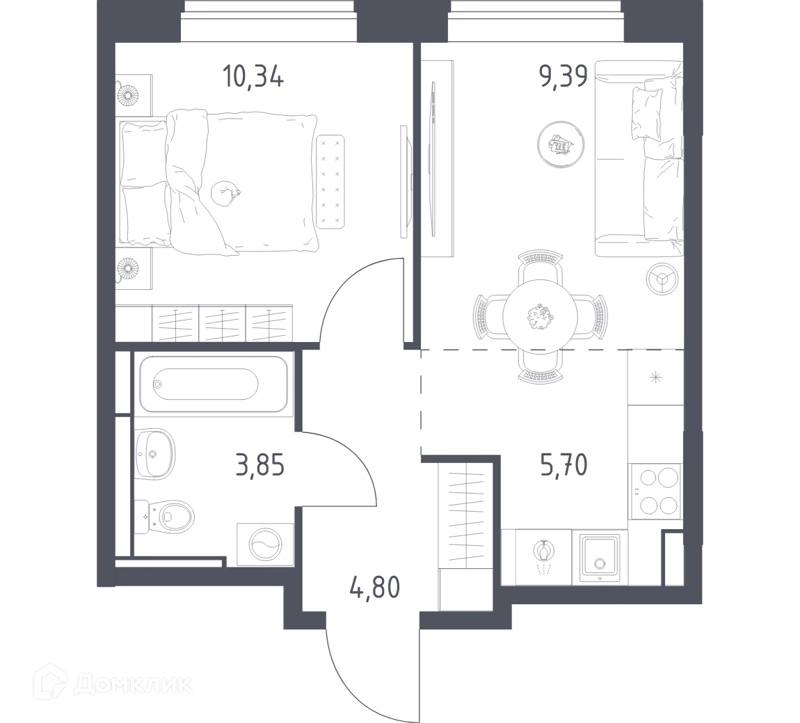 1-комнатная квартира 34.08 м² Богдановский лес