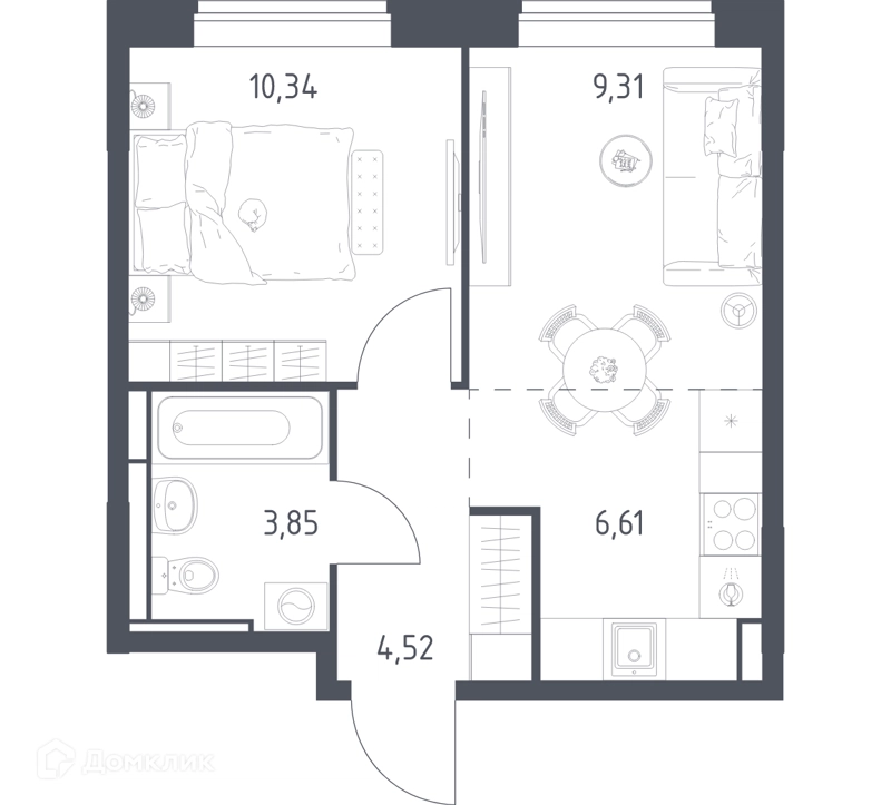 1-комнатная квартира 34.63 м² Богдановский лес