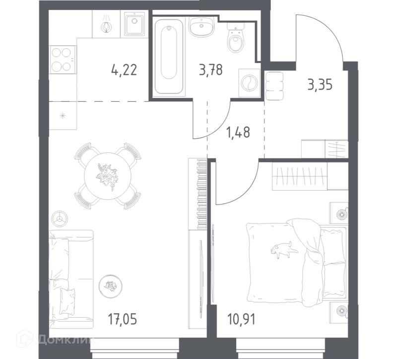 1-комнатная квартира 40.79 м² Богдановский лес